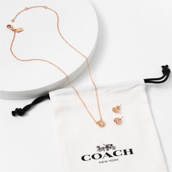 NWOT Coach Signature Stone Tea Rose Earring Studs Necklace 3-Piece Jewelry Set - Picture 2 of 6
